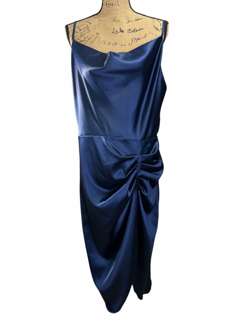 Kim. Curvy Draped Neck Satin Midi Dress in Deep Blue. NWOT.  Size 16W